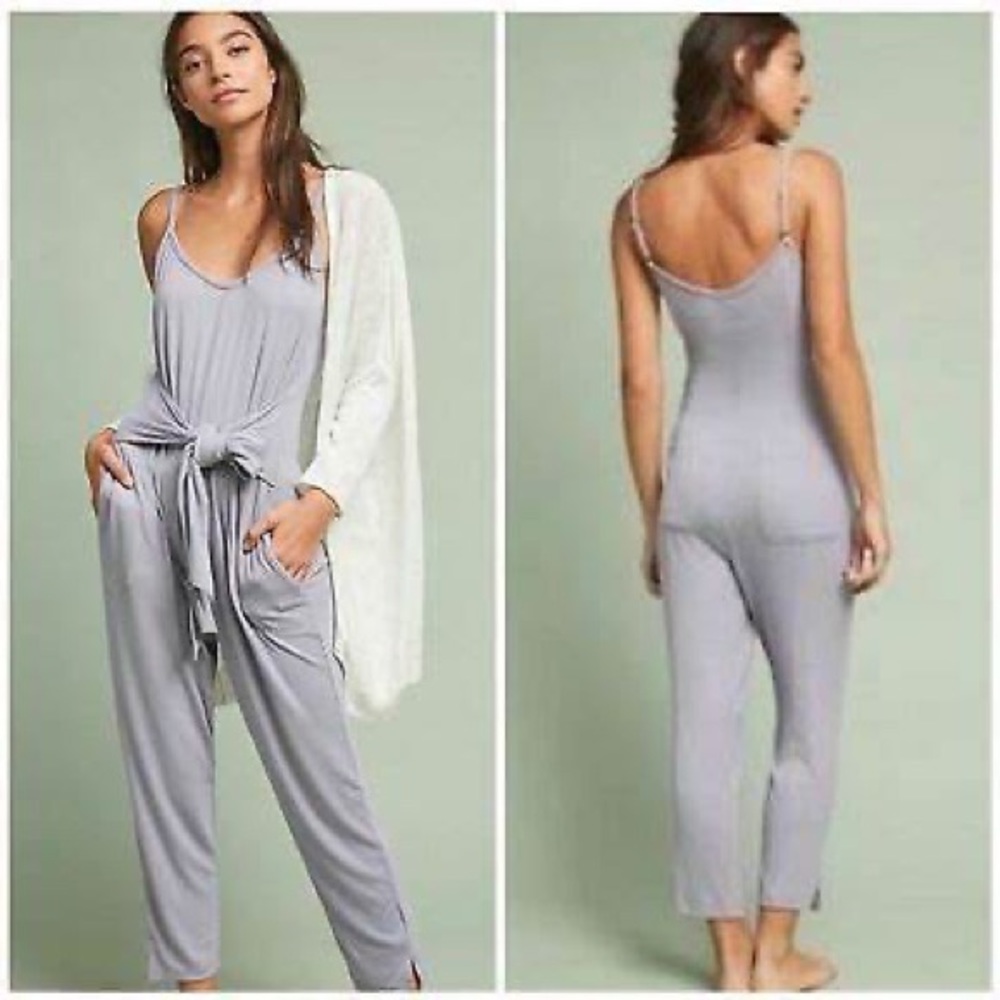 Anthropologie Light Gray/lilac Spaghetti-Strap Jumpsuit